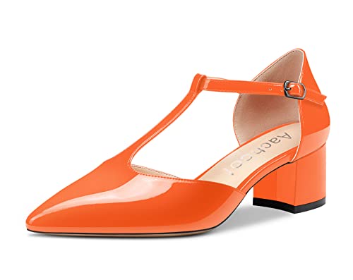 Aachcol Women T-Strap Mary Jane Pumps Two-Piece Shoes Chunky Block Mid Heel Pointed Toe Ankle Strap Dress 2 Inches