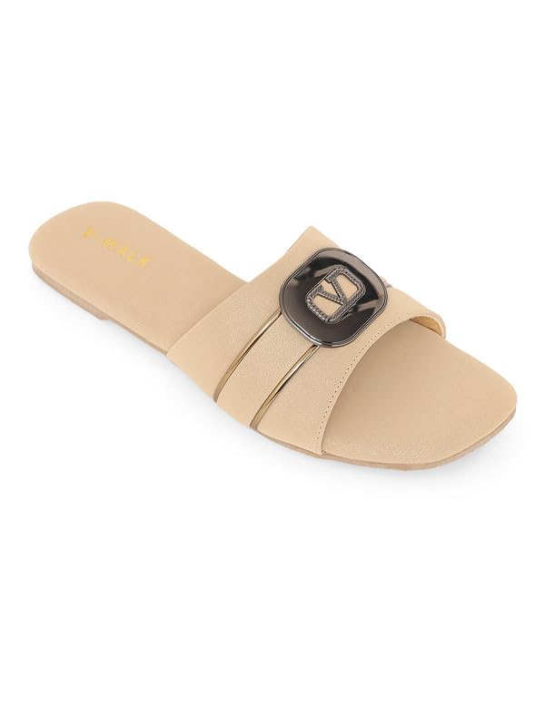 Women's Big Size Beige Slip-On Elegant Buckle Comfortable, Soft Footbed Slippers With Tpr Sole Flat Heels | Evening, Party, Smart-Casuals, Fashion, Ethnic, Festive Occasions Heels For Women-image-12