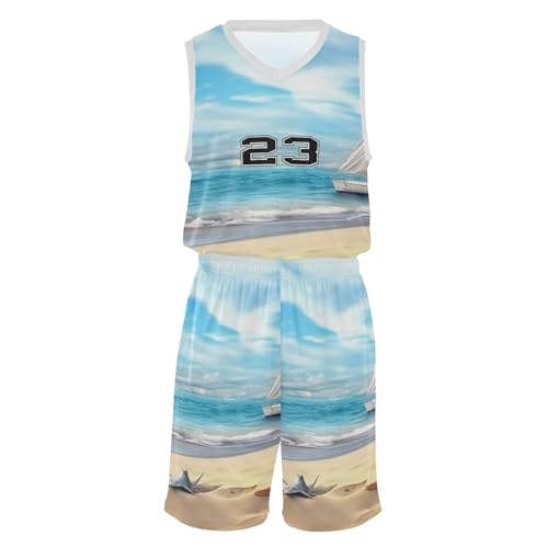 FLildon Beach Starfish Landscape Boys Basketball Jersey Set Tank Top Shorts Tracksuit Sport Training Suit for Kids, M