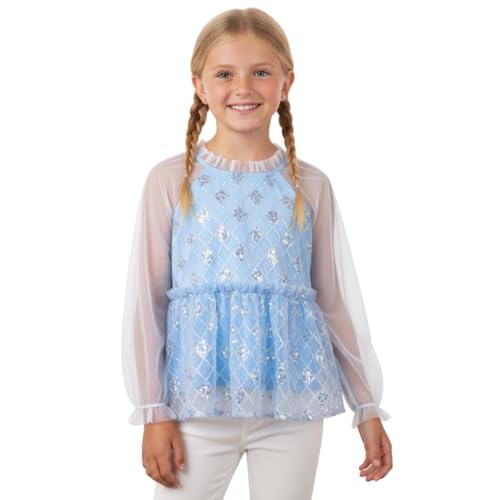 Image of Girl Sequin Mesh Bloues Sparkle Ruffle Collar Long Sleeve Shirts Tops,5-12 Years
