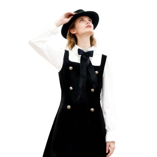 Image of Women Short Dresses 2 In 1 Colorblock Turndown Collar Lantern Sleeve Black Suit Cute Dress
