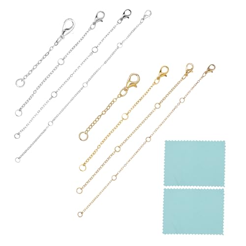 JUHUA 8 Pcs Necklace Extender Silver, Silver Gold Necklace Chain Extender for Necklace with 2 Pcs Silver Polishing Cloths for Necklaces Bracelets Jewelry Making (4 Sizes)