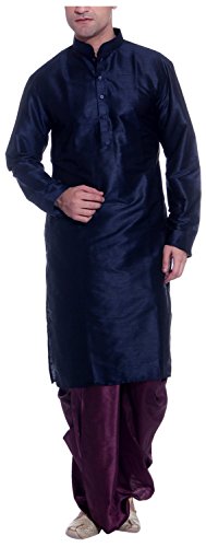 Dhoti Kurta de seda para hombre Royal Threadsart azul marino con acabados premium
