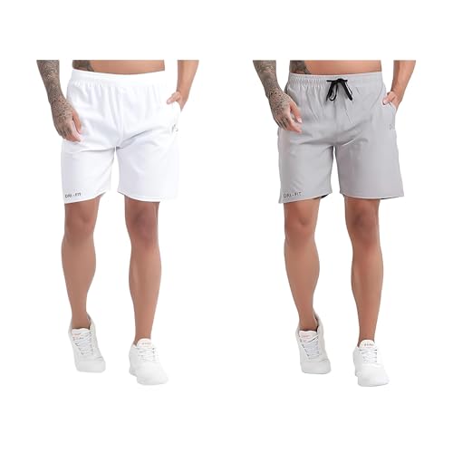 Image of BLUE STAR SHARK Athletic Sports Shorts for Men with Zip Pockets and Elastic Waistband Quick Dry Lightweight Activewear Combo - Pack of 2 (Color: White and Grey, Size:L)