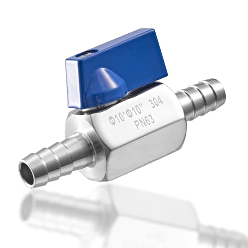Senquots Válvula de bola de púas de 3/8 pulgadas, manguera de acero inoxidable, mini válvula de cierre para riego de combustible por goteo de agua, color plateado
