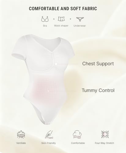Image of FeelinGirl Short Sleeve Shapewear Bodysuit for Women V Neck Tummy Control | Sweetheart Neckline, Seamless, Going Out Tops, Thong, Plus Size, Soft
