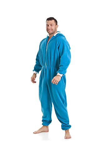 Camille Mens Super Soft Fleece Onesie - Hooded All in One - Long Sleeved and Side Pockets Blue Smurf L