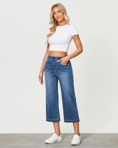 GRAPENT Capri Jeans for Women Wide Leg High Waisted Effortless Flow Pull On Stretchy Denim Elastic Waist Pants with Pockets4