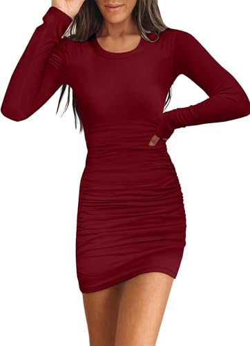 TrendiMax Damen Bodycon Minikleid Gerippt Langarm Freizeitkleid Rundhals Stretch Rüschen Kleid Enges Basic Kleider Einfarbig (S, Wine Rot)
