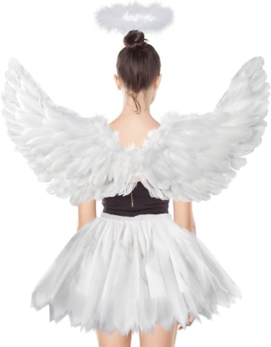 Weiß Engel Kostüm Erwachsene,3 Stück Weiß Engel Kostüm Damen,60CM Engel Flüge,70-110cm Tüllrock Damen,Engelsflügel...
