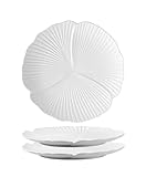 Jusalpha Set of 3-Japanese Style Flower Petal Shaped Porcelain Dinner Plates, Versatile Circular Serving Plates for Breakfast, Salad, Steak Dinner, PL019 (Flat plate, 10'', White)