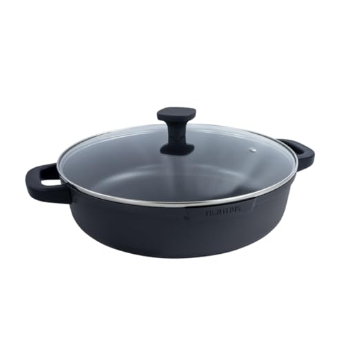 NERTHUS FIH 1559 – Cacerola Baja de Aluminio Fundido con Revestimiento Antiadherente Quantanium – Apta para Inducción, Gas y Vitrocerámica – Tapa de Cristal con Válvula y Asas de Silicona Desmontables