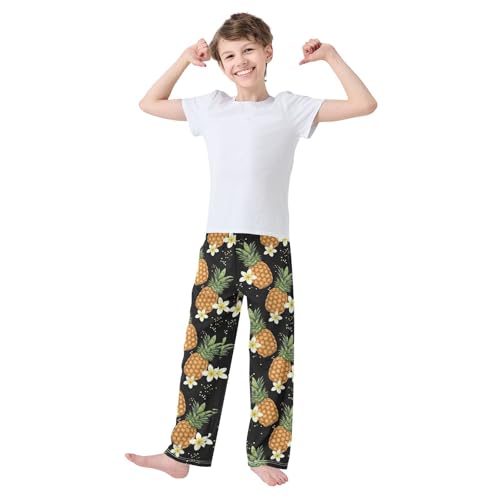 Pineapple with Hibiscus Floral Boys Long Pants Soft Trousers Elastic Waist Kids Lounge Bottoms with Pockets S-XL2