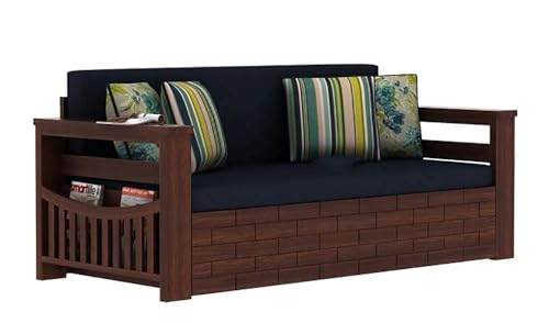 Image of Solid Sheesham Wood Sofa Cum Bed with Storage Side Pocket- 3 Seater Wooden Sofa Bed for Living Room | Convertible Diwan Bed with Cushions Mattress | Modern Space Saving Furniture (Blue)