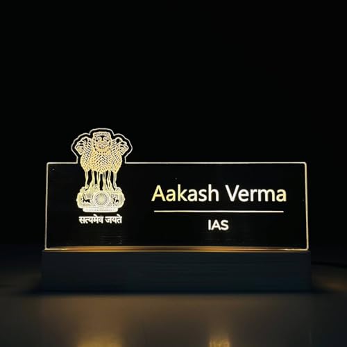 Image of WOWOOD Personalized LED Desk Name Plate for IAS Officer Custom Acrylic Name Sign with Satyamev Jayate Emblem Office Table Decor Light, Civil Services Gift for Men Women (10 x 6 inch) (For IAS Officer)