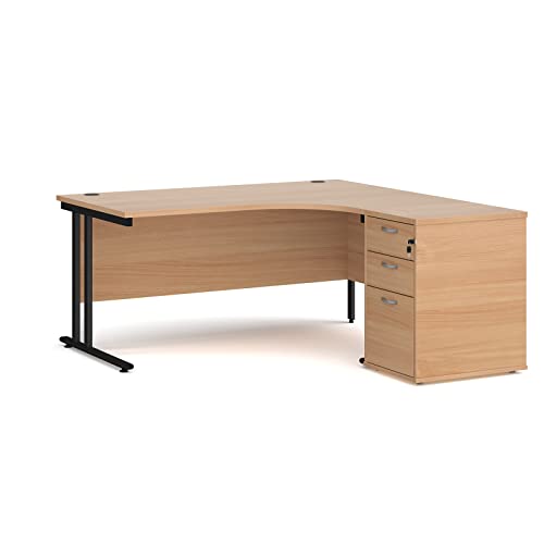 Mr Office Maestro 25 right hand ergonomic desk with black cantilever frame and desk high pedestal bundle, Beech, 1600