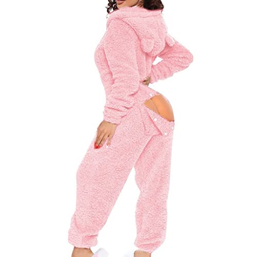 Femmes Une Pièce Pyjama Onesie Combinaison à Capuche, Rabat Arrière Boutonné Combinaison Thermique Union Body Vêtements de Nuit (Color : Pink, Size : XL) Cover