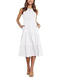Womens Summer Dresses Crewneck Sleeveless Smocked Tiered Casual Long Dress White S