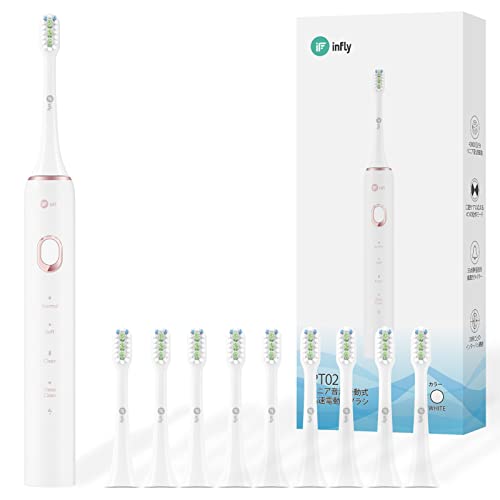 infly PT02 電動歯ブラシ 替えブラシ9本セット 音波式 キャップ付き 4つのモード 静音 防水 IPX7 デュポンブラシ 柔らかめ タイマー機能 充電式 大容量バッテリー 白