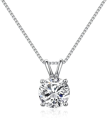 DOWOS 925 Sterling Silver Dainty Diamond Necklace for Women Mother's Day, 18K White Gold Plated 8mm Round Brilliant Cut Solitaire Pendant Necklace for Women Girls, Classic 4 Prong 20'' Dainty Chain Necklace 8mm/2carat(white gold)