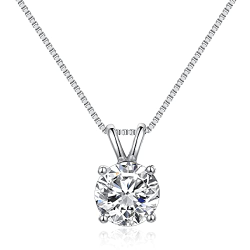 Dowos 925 Sterling Silver Dainty Diamond Necklace For Women Mother's Day, 18K White Gold Plated 8Mm Round Brilliant Cut Solitaire Pendant Necklace For Women Girls, Classic 4 Prong 20'' Dainty Chain Necklace 8Mm/2Carat(White Gold) #TOP1