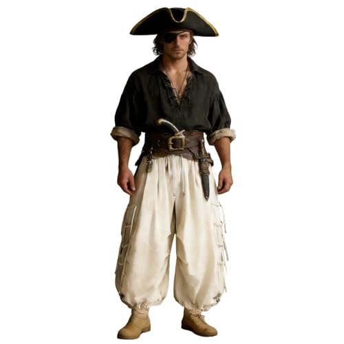 Generisch Pantalones medievales para hombre, pirata, cosplay, con cordones, vikingos, renacentistas, steampunk, monocolor, cómodos, pantalones renacentistas, beige, XL