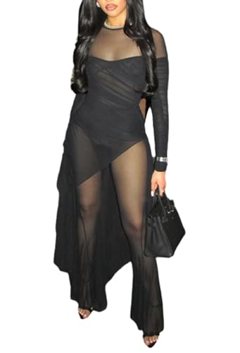 VOIKERDR Women Jumpsuits Stretchy Zipper Mesh See Through Sexy Jumpsuit