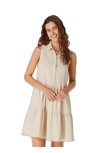 Vestido Curto Evasê Com Botões E Recortes - Bege XP