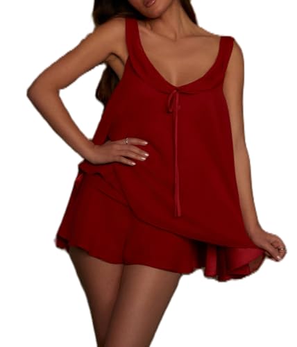 TUWIXIUW Women Ruffle Pajama Sets 2 Piece Valentines Red Scoop Neck Sleeveless Bobydoll Tops Pj Shorts Set Holiday Sexy Sleepwear(Red,M)