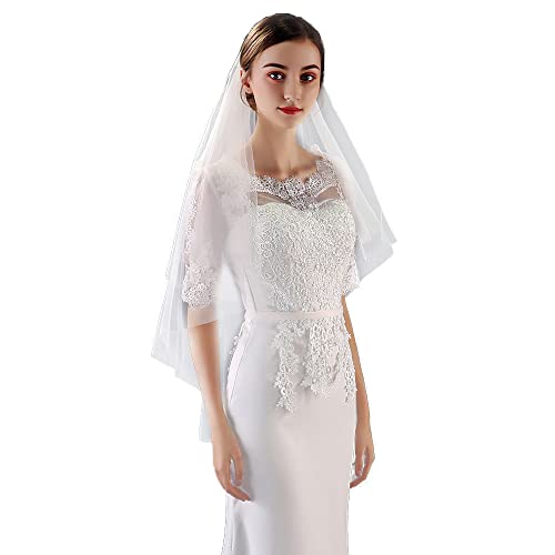 Fangsen Wedding Bridal Veil With Comb 2 Tier Tulle Short Wedding Veil Fingertip Length （ 2T Fingertip Light Ivory） #TOP3
