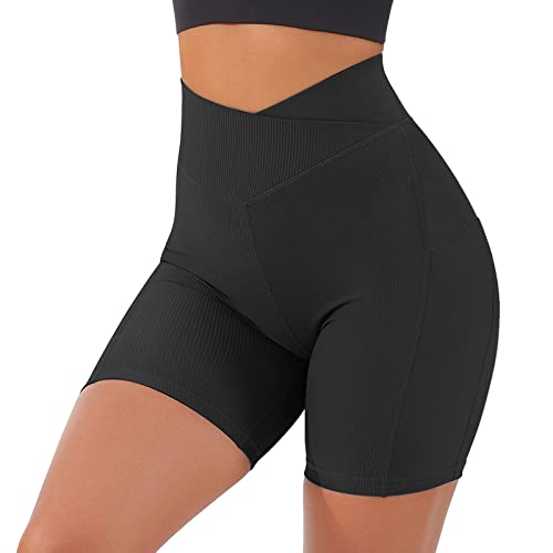 Pantalones cortos de yoga elásticos para mujer, pantalones cortos altos en V para ciclismo, entrenamiento, yoga, pantalones cortos de yoga para mujer, pantalones cortos metálicos brillantes, Negro, S