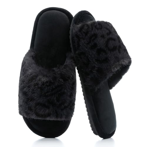 Image of GOEWY Women's Fuzzy Open-Toe House Slippers with Memory Foam - Leopard Print Cheetah Plush Cozy Cute Slipper Indoor /Outdoor Soft Slip On Slides Gifts for Women Mom Her Ladies