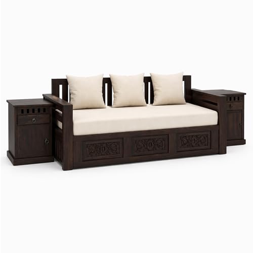 Image of SONA ART & CRAFTS Maharaja Sheesham Wood 3 Seater Sofa Cum Bed with Bedside | Wooden 3 Seater Sofa for Living Room Wooden Furniture Sofa Bed for Home (Walnut Finish)