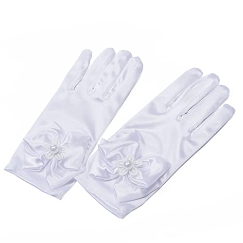 Toddler Kids Flower Girl Formal Stretch Satin Gloves Pearl Bowknot Easter Tea Party First Holy Communion Catholic Wedding Special Occasion Costume Decoration (Short-wrist, White)