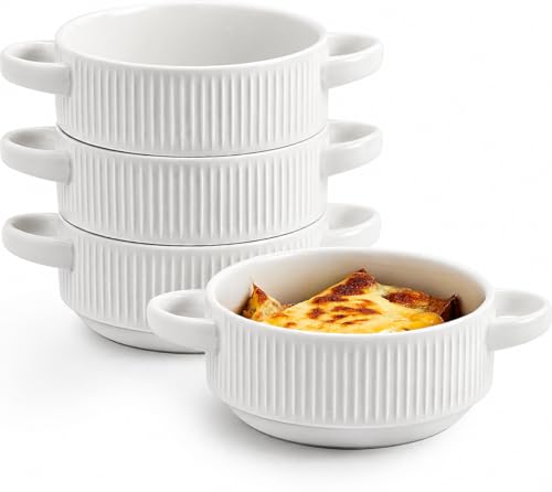 Hoilse Ceramic Soup Bowls with Handles, 20 oz French Onion Soup Bowls Set of 4, Stackable Soup Crocks for Soups, Chili, Beef Stew, Microwave and Oven safe - 5.4inch, White