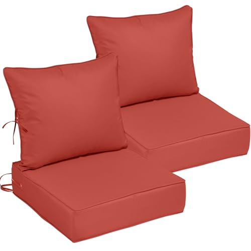 Image of 24x24 Outdoor Chair Cushions Set of 2, Waterproof Deep Seat Cushions for Patio Furniture with Removable Cover, Fade Resistant 4'' Outdoor Seat Cushion w / Ties Handle for Wicker Sofa Couch, Brick Red