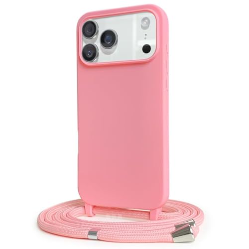 Coque iPhone 17 Pro antichoc givrée rose avec sangle bandoulière et collier souple