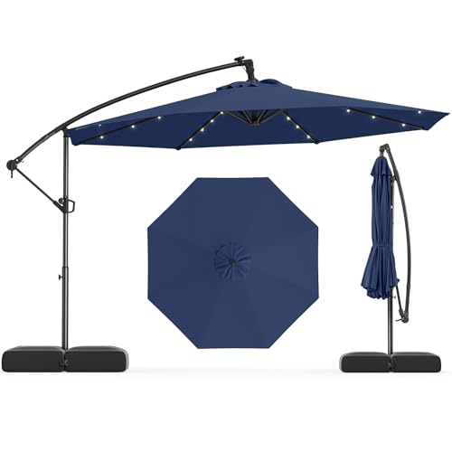 Tangkula 10ft Solar LED Patio Umbrella with Base, Offset Cantilever