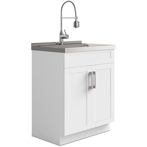 SIMPLIHOME Hennessy Transitional 28 Inch Deluxe Laundry Cabinet with Faucet and Stainless Steel Sink in White, For the Laundry Room and Utility Room Cover