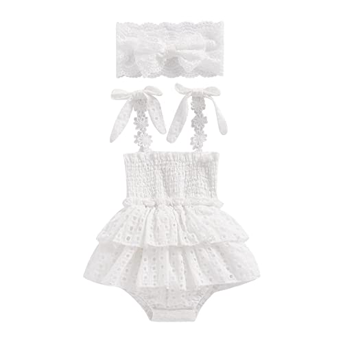 Image of Twopumpkin Baby Girl Lace Romper Dress Ruffle Bubble Romper Smocked Dresses Summer Clothes Vintage Floral Outfit (Lace White, 9-12 Months)