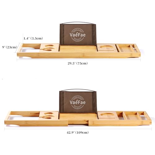 VaeFae Bamboo Bathtub Caddy Tray, Expandable Bath Tray for Tub with Upgraded Wine Slots and Book Holder - Ideal for One or Two Person Use by VaeFae - Image 3