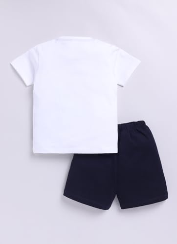Image of LITTLE NINJA Cotton Half Sleeves Beach Theme Printed Tee & Coordinating Shorts Set - White & Navy