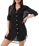 Roojaa Beachwear Bathing Suit Womens Cover Ups Swimwear Sheer Button Down Shirt Black
