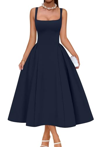 Memoriesea Women's Elegant Square Neck Swing A Line Wedding Evening Party Midi Dress Navyblue
