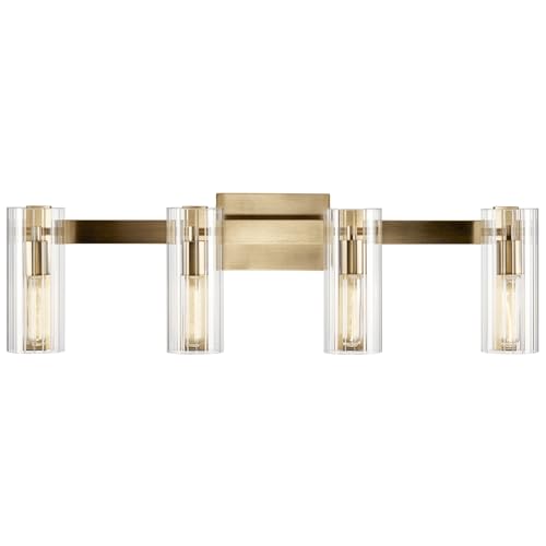 Image of Kichler Jemsa 32 inch 4-Light Modern Bathroom Vanity Light Fixture with Clear Fluted Glass in Champagne Bronze for Bathroom Lighting Over Mirror (9.75 inch H x 32 inch W), 55169CPZ