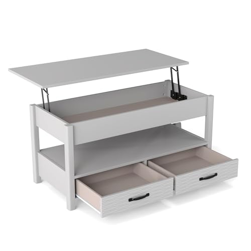 GIANTEX Mesa de Centro con Tablero Elevable, Mesa de Salón con 2 Cajones, Estante Abierto y Compartimento Oculto, Cajones con Patrón Ondulado, 100 x 46 x 50 cm, para Oficina, Dormitorio