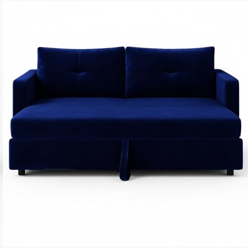 Image of FURNY Soria 2 Seater Pull-Out Premium Fabric Sofa Cum Bed Sofa Set for Living Room (Dark Blue) Premium Velvet Finish | Ideal for Living Rooms, Bedrooms