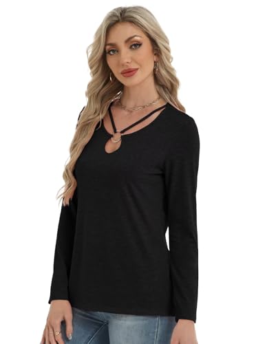 Women's Long Sleeve Tops Keyhole Neck Detail Crew Neck Shirts Ring Cut Out Design Stretchy Tees 20254