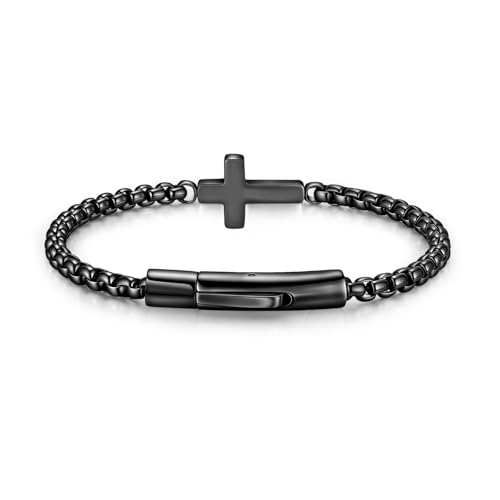 Cross Bracelet for Men Christian Cross Link Chain Stainless Steel Bracelets Rolo Chains Non Tarnish Black Mens Faith Bracelet Religious Catholic Jewelry Gifts Idea for Boyfriend Dad Son Husband 8.26in
