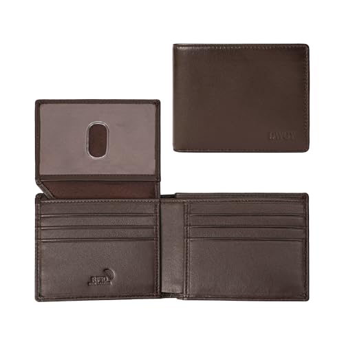 Genuine Leather Wallet for Men Slim Rfid Blocking Bifold 2 ID Window With Gift Box (Brown)